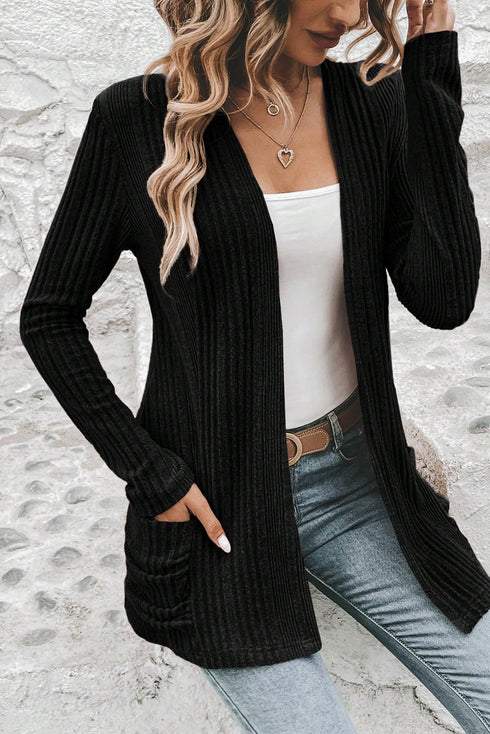 Ribbed Open Front Patch Pocket Long Sleeve Knit Cardigan
